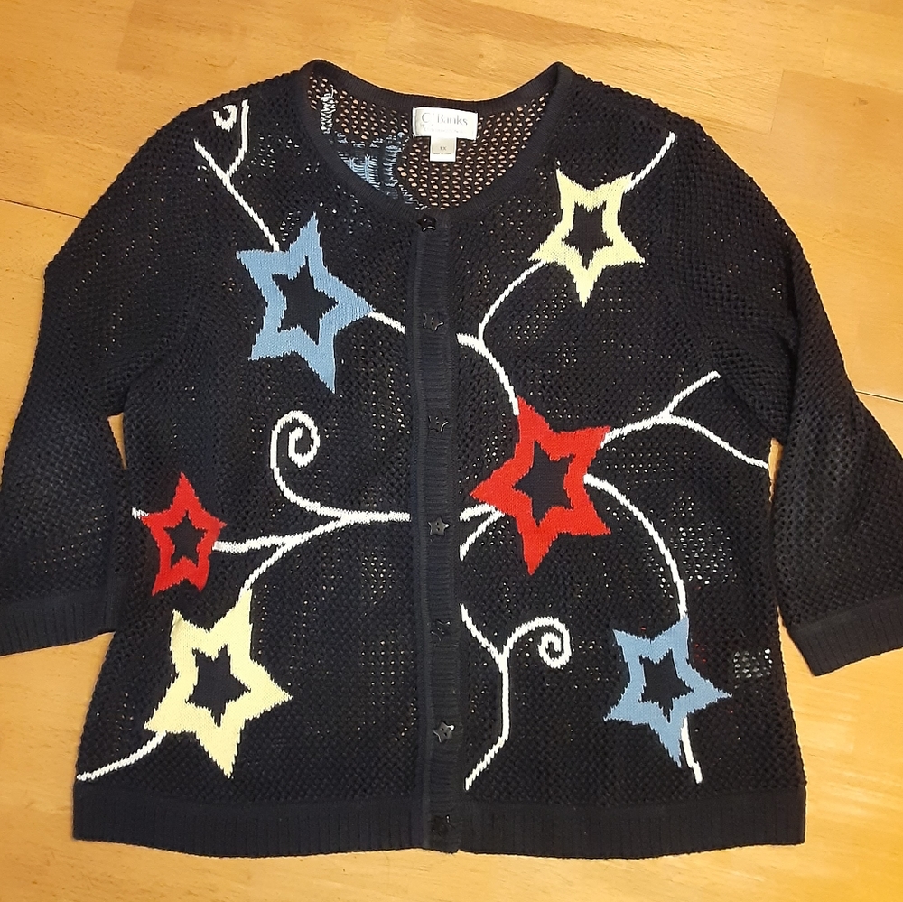 VINTAGE CJ BANKS STAR PATRIOTIC RED/WHITE/BLUE OPEN STITCH BUTTON UP SWEATER 1X